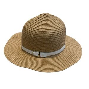 💜 Wide Brim Tan/Brown Straw Fedora Sun Hat with White Buckle Band